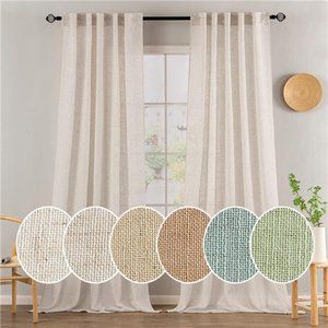 Natural White Linen Curtains 90 Inch Long 2 Panels Set for Bedroom Living Room